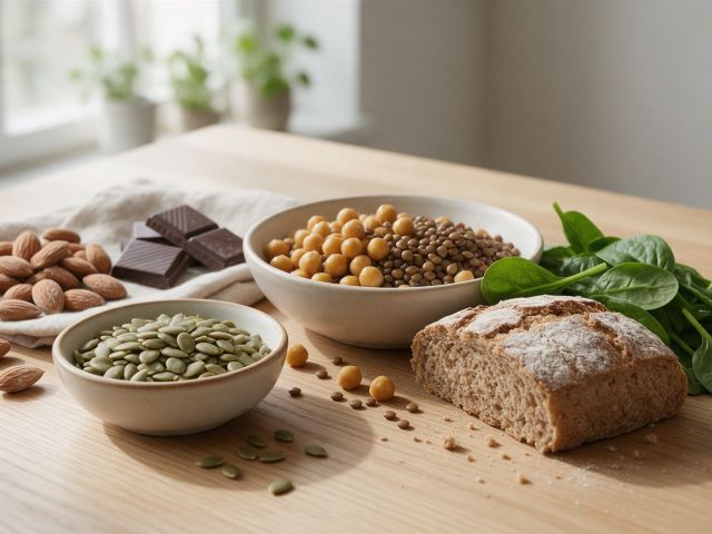 Magnezyum açısından zengin besinler: kabak çekirdeği, badem, baklagiller ve yeşil yapraklı sebzeler